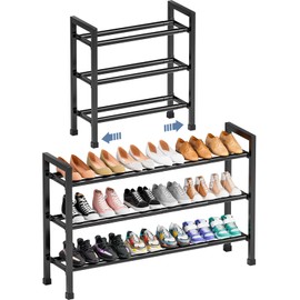 Mavivegue 3 Tier Expandable Shoe Rack for Closet, 19“- 43” Adjustable Shoe Rack for Entryway, Shoe Shelf, Black
