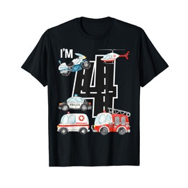 Emergency Vehicles 4th Birthday Fire Truck Police Car Boys T-Shirt
