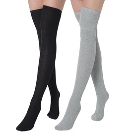 BABAHU Extra Long Cotton Thigh High Socks Over the Knee High Boot Stockings Cotton Leg Warmers (UK, Alpha, One Size, Regular, Regular, Black & Light Gray)