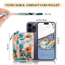 Hancynir Slim Wallet Women Credit Card Holder Abstract Flower Floral RFID Small Mini Card Case Front Pocket PU Leather Thin Travel Zipper Coin Cash ID Window Ladies Female Wallet Gifts