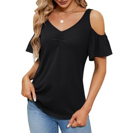 Micoson Cold Shoulder Tops for Women Casual Short Sleeve V Neck Tunic Shirts