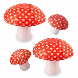 4Pcs Mushroom Paper Lanterns, Cynzia Large Paper Lantern Wonderland Forest Jungle Theme Hanging Ornament, 3D Mushroom Decor for Garden, Christmas, Party, Nursery (Purple)