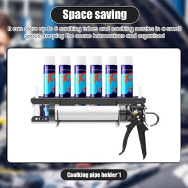 PTMTFYL Caulking Tube and Caulking Gun Holder, Caulking Gun Storage Rack, Caulk Tube Holder Wall Mount, Holds 6 Tubes and Nozzles, Carbon Steel Organizer for Workshop, Shop, Garag
