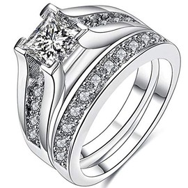 JUDE 925 Sterling Silver Princess Cut Wedding Engagement Bridal Ring Set (H)