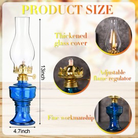 2 Pcs Chamber Oil Lamps for Indoor Use Vintage Kerosene Lamp Rustic Hurricane Kerosene Lantern with Adjustable Fire Wick Lighting Oil Lantern for Home Emergency Lighting, 13'' High(Blue)