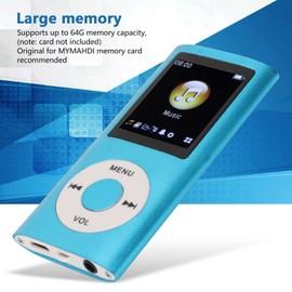 PUSOKEI MP3 Player, Stylish Multifunctional Music Player with Lossless Sound and Headphones, Slim 1.8 Inch LCD Screen, Portable MP3 Music Player, Supports 64G Memory Card (Blue)