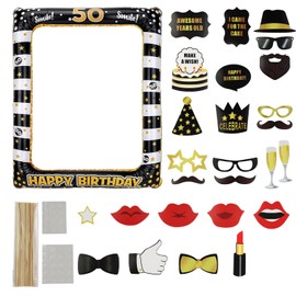 Andiker 50th Birthday Photo Booth and 25 Pieces Photo Props, Black Gold Happy Birthday Photo Booth Props for Women Men 50th Birthday Party Decoration (Black Gold 50 and Black Gold Set of 25)