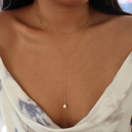 Iaceble Boho Layered Pearl Pendant Necklace Pearl Y Lariat Necklace Gold Pearl Y Necklace Long Pearl Drop Necklace White Pearl Necklace Jewelry for Women