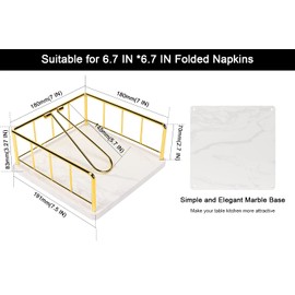 Livabber Flat Napkin Holder, Metal Kitchen Napkin Holder with Weighted Tension Arm Rustic Tissue Paper Dispenser for Countertop, Table Kitchen, Dining Room (With Marble Base, Gold)