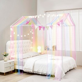 ZIQINPSQ House Bed Canopy Bed Curtains,2pcs Montessori Floor Bed Canopy for Girls Boys,Mosquito Net For Kids Wood Bed Frame,Bedroom Decorations (Rainbow)