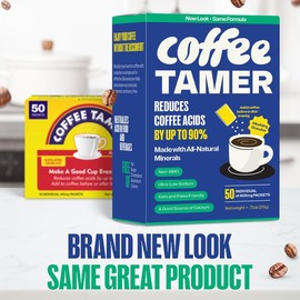 Coffee Tamer Coffee Acid Reducing Granules 50 Pack Box - Reduces Coffee Acids by up to 90% - All-Natural Minerals - Keto Friendy, Sugar Free, Calorie Free, Non-GMO - 50 count 400mg Packets