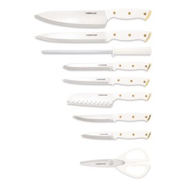 FARBERWARE 15-Piece Knife Block Set, Triple-Riveted High-Carbon Stainless Steel Kitchen Knives, Razor Sharp Blades, Wood Storage Block, White/gold
