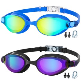 Swim Goggles 2 Pack Swimming Goggles Anti Fog UV Protection No Leaking Clear Vision For Adult Women Men Youth(Black + Blue)
