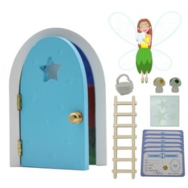 Qué Kawaii® ZAHNFEEN-TÜR, DIE SICH ÖFFNET UND IM DUNKEL LEUCHTET!!! Holztür und Treppe zum Bemalen und Gestalten+Häkeltasche+Sterne+zwei Pilze, die im Dunkeln leuchten+6 Zertifikate (ROSA)