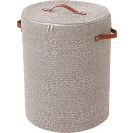 Extra Large Cotton Rope Storage Basket with Lid and Zipper, Versatile Laundry Hamper and Cloth Bin for Clothes, Towels, Blankets, Living Room Organization (All Deep Camel White Mix, 16"x20")