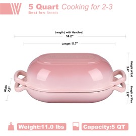 VORRINGARD Enameled Cast Iron Sourdough Bread Oven, Dutch Oven, Loaf Cast Iron Bread Pan for Homemade Bread Baking, Meatloaf Pan with Lid, 5QT, Pink