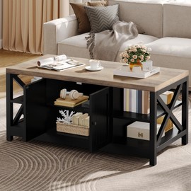 YITAHOME Coffee Table with Storage, Farmhouse Coffee Tables for Living Room, Rectangle Coffee Table 2 Tiers Shelf, CenterTable Space Saving Living Room Small Tables Easy Assembly, Brown and Black