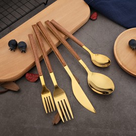BRIIEC Korean Style Wood Flatware Stainless Steel Fork/Spoon/Knife/Teaspoon with Wooden Square Handle Cutlery Set of 4 Dinnerware for Home, Kitchen, Restaurant, Gift - Gold