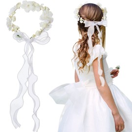 Cindeer Hair Band Communion Hair Accessories for Girls Hair Wreath with White Flowers Adjustable Flower Wreath Headpiece with Pearl Ribbon and Black Hair Pins for Flower Child Wedding