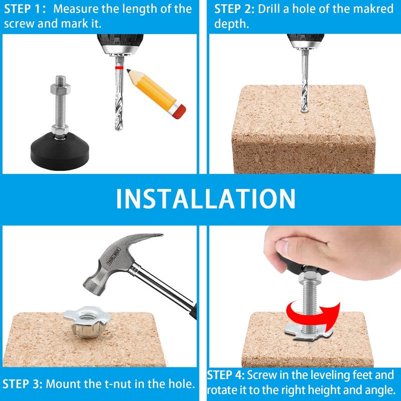 Luomorgo M10 レベリングフィート Tナット付き 4個 滑り止めスレッドゴム脚 家具の脚用 調節可能な回転レベラー 機械機器用高耐久器具脚 (D50
