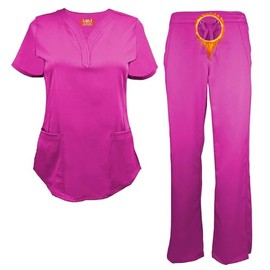 M&M SCRUBS Women's Ultra Soft Drop-Neck 2 Pocket Scrub Set (Hot Pink, Medium)