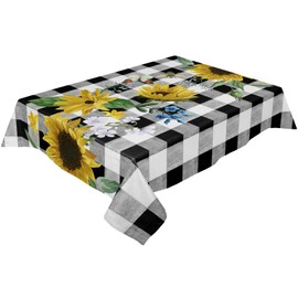 Tablecloth for Rectangle/Oval Tables 60 x 84 Inch Summer Sunflower Black and White Buffalo Plaid Fabric Table Cover Waterproof Washable Table Cloth for Dinning Wedding Party Outdoor Picnic Decorative