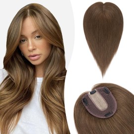 Silk-co 6inch Hair Topper for Thinning Hair Women Clip in Real Remy Human Hair One Piece Extensions Top Piece Base Size 10 * 12cm Silk+Lace Base (#04 Medium Brown)