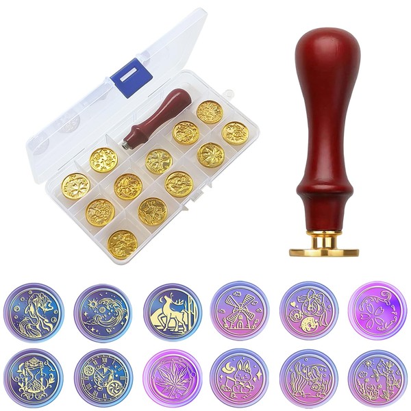 Wax Seal Stamp,12PCS Wax Stamps Kit with Removable Wooden Handle,Sealing