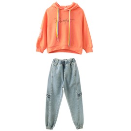 amropi Girl's Clothing Set Hooded Sweatshirt and Jogging Jeans Pants Outfits Orange,13-14 Years