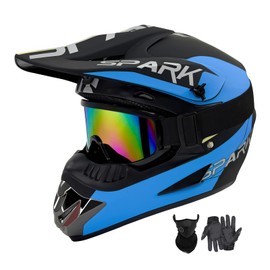 Dirt Bike Helmets Youth Adult Motocross Off-Road Motorcycle Moutain Bike Helmet DOT Approved Goggles Gloves Faceshield Blue (Black, Large)