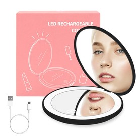 Lukovee Espejos de Maquillaje con luz LED, Aumento 1x/10x Espejo Compactos Recargable USB, Plegable Espejos de Doble Cara para Makeup Tocador, Espejo de Mano Portatil de Luz Blanca, Cálida, Neutra