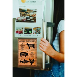 Meat Internal Cooking Temperatures Magnet Sign Measurement Kitchen Conversion Magnet Sign - Cooking Chart 6x9 in. Wood Background Meat Temperatures