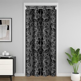 Erosebridal Black Bowknot Blackout Curtain,Gray Damask Door Curtain for Doorway Privacy,Boho Antique Victorian Baroque Door Drape,Groovy Flower Vintage Floral Room Divider Curtain,42" W X 80" L