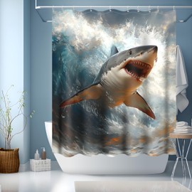 JINGYOU Shower Curtain, 150 x 180 cm, Shower Curtain Textile Washable, Shower Curtain with Weight, Quick Drying, Bath Curtain, Shower Curtain for Bathtub and Bathroom, Shark Pattern (150 x 180 cm)