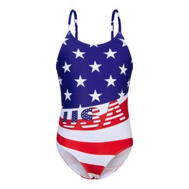 RAISEVERN Little Girls 1 Piece Swimsuit American Flag USA Star Striped Bathing Suit for Kids Cross Back Adjustable Straps Swim Suit Beach Summer Swimwear 6 Years Old