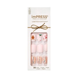 KISS imPRESS Limited Edition Holiday Press-On Manicure with PureFit Technology, Short Length, Square Shaped, Pink Press-On Nails, Style 'Dear Santa’
