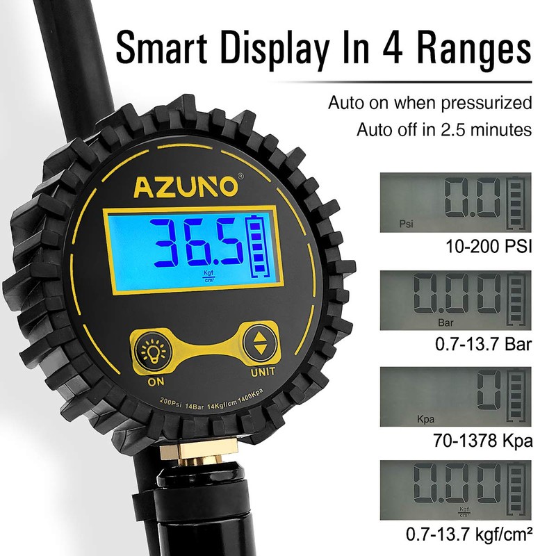 AZUNO Digital Bicycle Tire Inflator Gauge with Auto-Select Valve Type