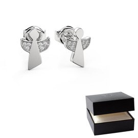 Angel Earrings Silver 925 Zirconia Stud Earrings Angel Silver Women's Earrings with Angel Stud Short Angel Wings with Stones Zirconia Angel Earrings Silver Stud FF145-3 SS925, Sterling Silver, Cubic