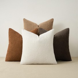 20x20 Inches Set of 4 Boucle Pillow Covers with linen Cotton Back Color-Block Neutral Brown Decorative Cushions for Cozy Modern Farmhouse Living Rooms Sofa Chair Textured Front Design Home decor