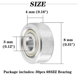 Saipor 30Pcs 693ZZ Ball Bearings, High Speed Silent Small Bearing Deep Groove Double Shield Bearing Miniature Carbon Steel Bearings (3mm x 8mm x 4 mm)