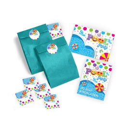 JuNa-Experten 12 Invitation Cards Birthday Children Swimming Pool Including 12 Envelopes, 12 Gift Bags / Petrol, 12 Stickers Girls Boys Birthday Invitations