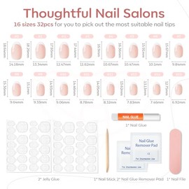 modelones Uñas postizas francesas, cortas y ovaladas, con pegamento, adhesivos, lima, almohadilla de preparación y palito de manicura, 32 unidades, 16
