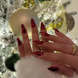 Mirror Metal Red Almond Shaped Chrome Glazed Medium Almond Nails Press On Bling Shiny Plating Acrylic Reusable Fake Stiletto Glue On Nails Medium Length
