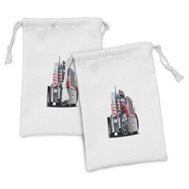 Ambesonne Truck Fabric Pouch Set of 2, American Flag Themed Semi 18 Wheeler Patriotic Transportation Industrial Vehicle, Small Drawstring Bag for Toiletries Masks and Favors, 9" x 6", Red White Blue