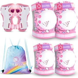 SULIFEEL Rainbow Unicorn Knee Pads for Kids Knee Elbow Pads Wrist Guards with Drawstring Bag Adjustable Protective Gear Set for Girls Roller Skating Bike Cycling Skateboard Scooter Unicorn Pink Medium