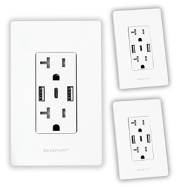 BASEPORT Premium Wall Outlet with USB Ports - Duplex 125V 20 Amp Outlet, 5V/6A USB Outlets Receptacles, 2 USB-A, 1 USB-C, Single Gang White Faceplate, 3 Pack