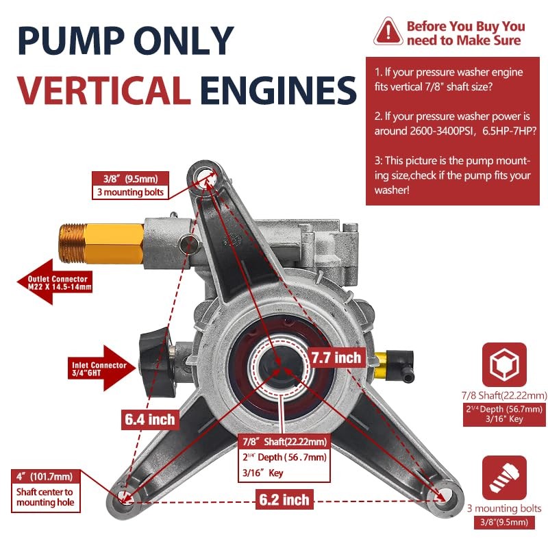 3400PSI Pressure Washer Pump Replacement 7/8'' Shaft Vertical Power Washer