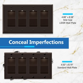 LIDER Matte Finish Quadruple Decorator Switch Cover, 4 Gang Outlet Wall Plate, Mid-Size 4-Gang 4.88" x 8.58", Unbreakable Polycarbonate Thermoplastic, UL Listed, LWP-34M-BR, Brown