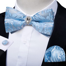 DiBanGu Men's Sky Blue Floral Bow Tie Pre-tied Pocket Square Cufflinks Wedding Prom