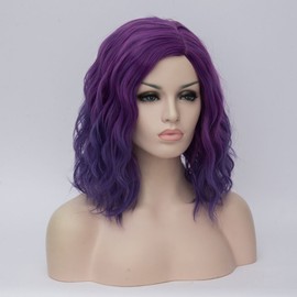 BUFASHION 14" Women Short Dark Purple Kinky Straight Cosplay Synthetic Wigs With Air Bangs 46 Colors Available (Ombre Dark Purple)